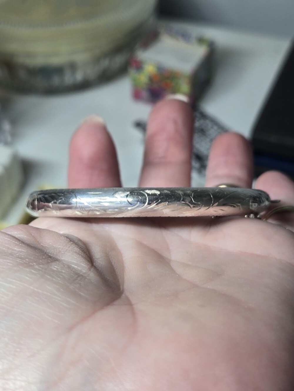 Vintage Sterling Silver Engraved Bangle Bracelet - Silver